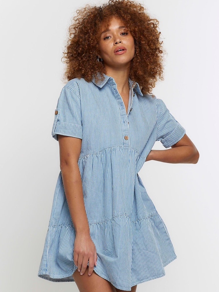 River Island Blue 100% Cotton Stripe Smock Mini Dress - Image 1 of 4