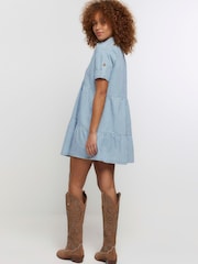River Island Blue 100% Cotton Stripe Smock Mini Dress - Image 2 of 4