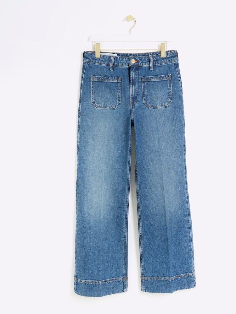 Niebieski 2 - River Island High Waisted Pocket Front Wide Leg Jeans - Image 5 of 7