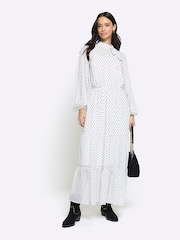 River Island White Pussy Bow Midi Tea Dress - Image 1 of 5