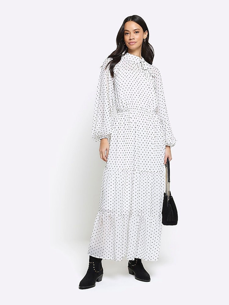 River Island White Pussy Bow Midi Tea Dress - Image 1 of 5