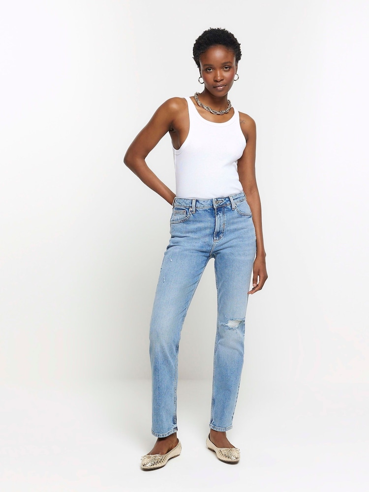River Island Blue Mid Rise Slim Straight Jeans - Image 1 of 7