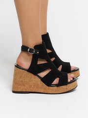 River Island Black Wide Fit Cut-Out Wedge Shoes Boots - Image 1 of 5