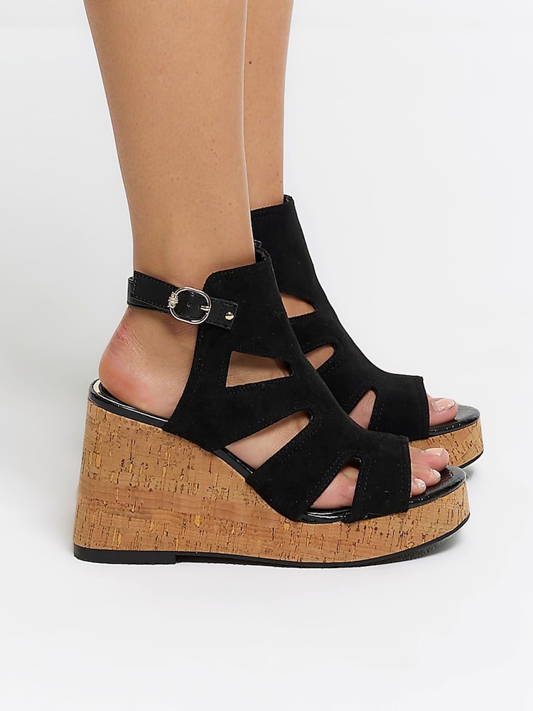 River Island Black Wide Fit Cut-Out Wedge Shoes Boots - Image 1 of 5 River Island Black Wide Fit Cut-Out Wedge Shoes Boots - Image 1 of 5