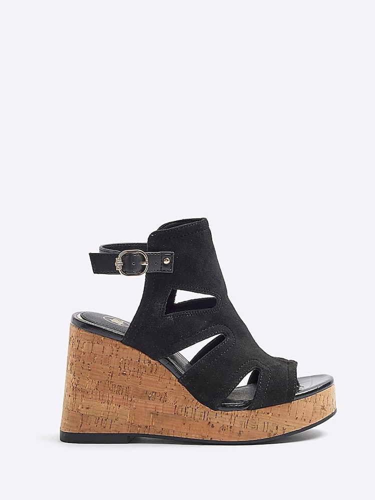 River Island Black Wide Fit Cut-Out Wedge Shoes Boots - Image 2 of 5 River Island Black Wide Fit Cut-Out Wedge Shoes Boots - Image 2 of 5