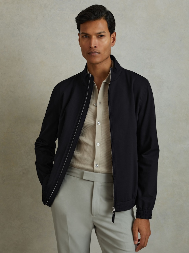 Reiss Navy Petras Elasticated Hem Zip-Front Bomber Jacket - Image 1 of 5
