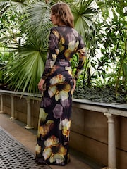 Black Floral Print Mesh Batwing Sleeve Maxi Dress - Image 3 of 6