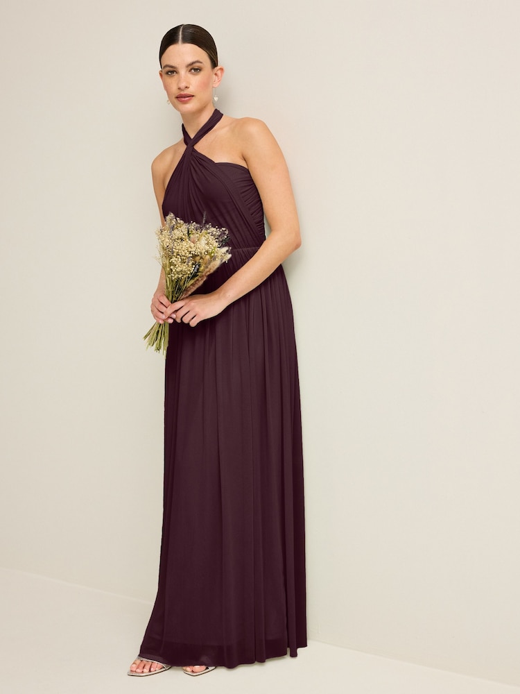 Plum Purple Mesh Multiway Bridesmaid Wedding Maxi Dress - Image 2 of 8