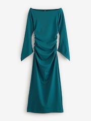 Teal Blue Bardot Long Sleeve Ruched Maxi Dress - Image 3 of 5