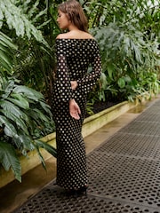 Black and Gold Foil Bardot Maxi Mesh Dress - Image 3 of 7