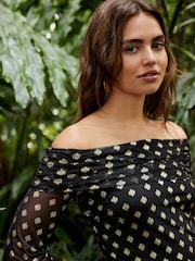 Black and Gold Foil Bardot Maxi Mesh Dress - Image 4 of 7