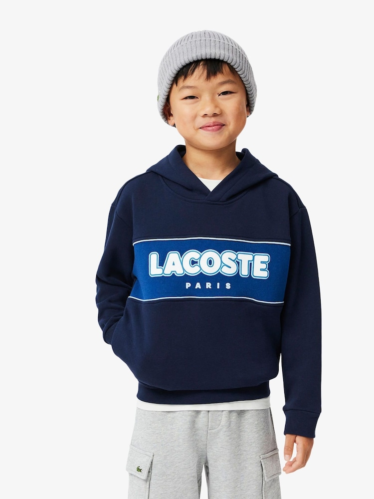 Lacoste Navy Stripe Logo 100% Cotton Hoodie - Image 1 of 8