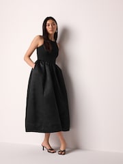 Black Satin And Jersey Racer Occasion Midi Dress - Image 1 of 6