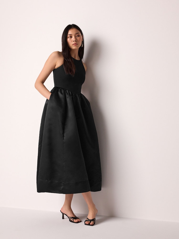 Black Satin And Jersey Racer Occasion Midi Dress - Image 1 of 6