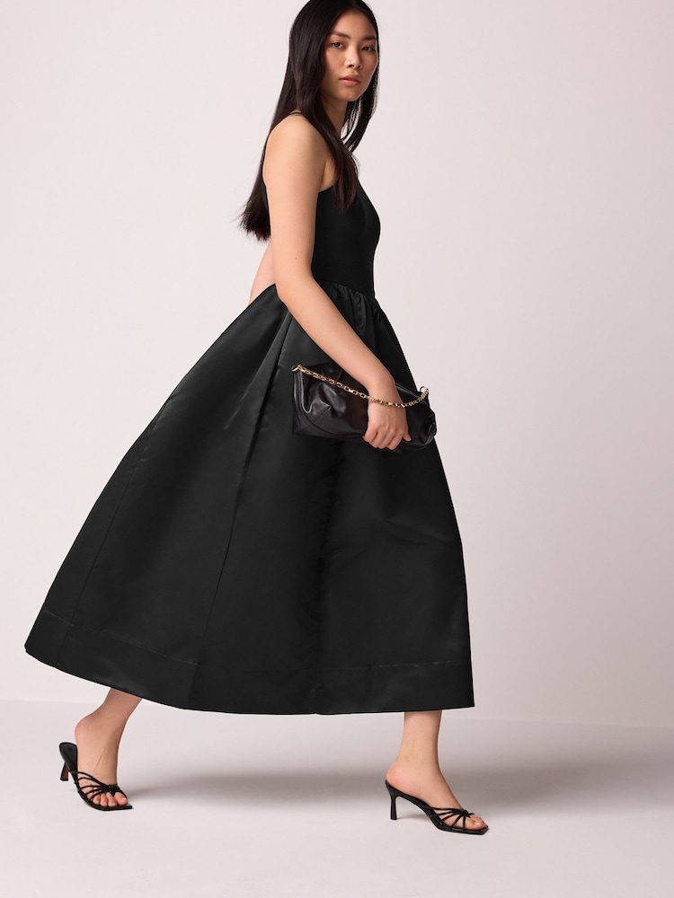 Black Satin And Jersey Racer Occasion Midi Dress - Image 2 of 6