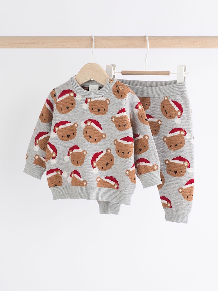Grey Bear Christmas Knitted Jumper and Leggings Baby Set (0mths-2yrs) - Image 1 of 15