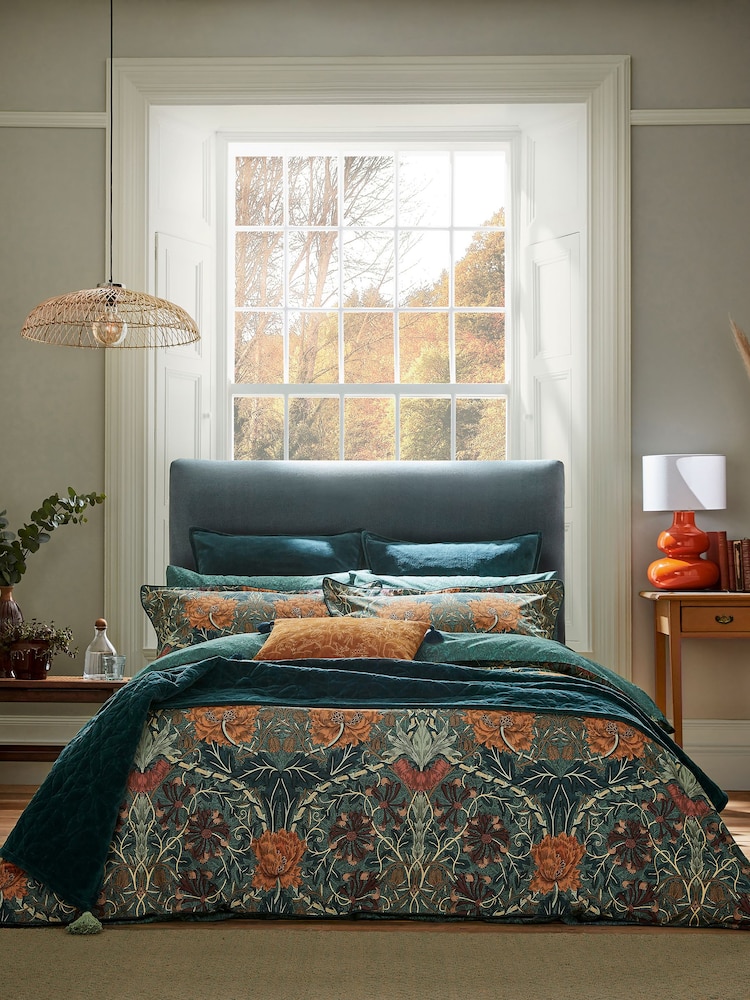 Morris & Co. Teal Blue 100% Cotton Honeysuckle & Tulip Duvet Cover Set - Image 1 of 6