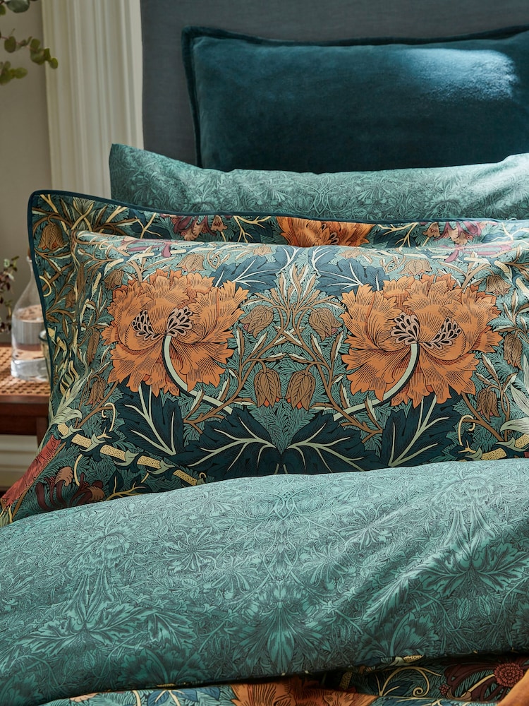 Morris & Co. Teal Blue 100% Cotton Honeysuckle & Tulip Duvet Cover Set - Image 5 of 6