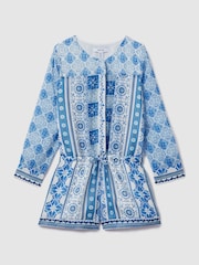 Reiss Blue Print Izzy 13-14 yrs Tile Print Playsuit - Image 1 of 4