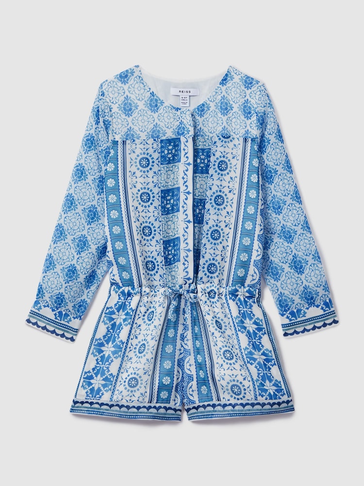 Reiss Blue Print Izzy 13-14 yrs Tile Print Playsuit - Image 1 of 4