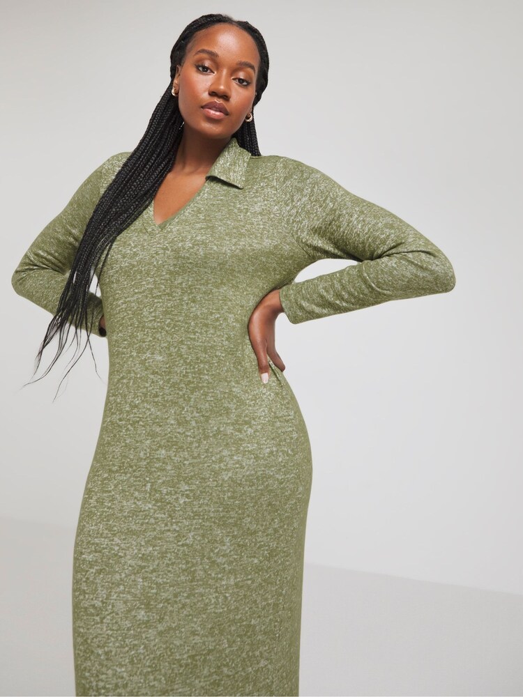 Simply Be Khaki Marl Cosy Collared Maxi Column Dress - Image 2 of 5