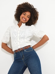 Joe Browns White Frilly Neck Broderie Embroidered Blouse - Image 1 of 5