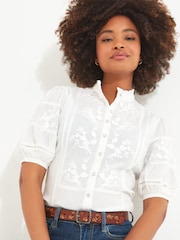 Joe Browns White Frilly Neck Broderie Embroidered Blouse - Image 4 of 5