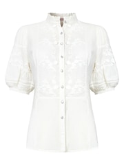 Joe Browns White Frilly Neck Broderie Embroidered Blouse - Image 5 of 5