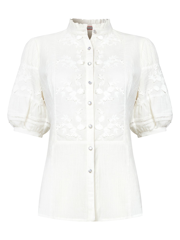 Joe Browns White Frilly Neck Broderie Embroidered Blouse - Image 5 of 5