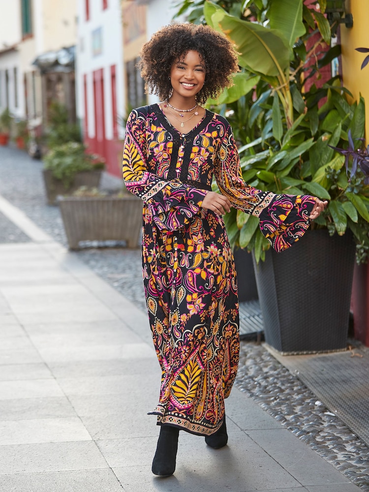 Joe Browns Black Contrast Boho Print Button Up Maxi Dress - Image 1 of 7