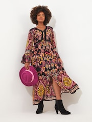 Joe Browns Black Contrast Boho Print Button Up Maxi Dress - Image 4 of 7
