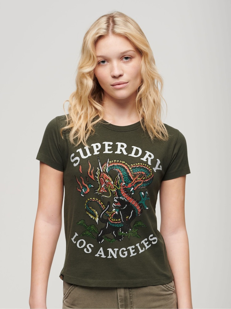 Superdry Green 100% Cotton Tattoo Rhinestone T-Shirt - Image 1 of 3