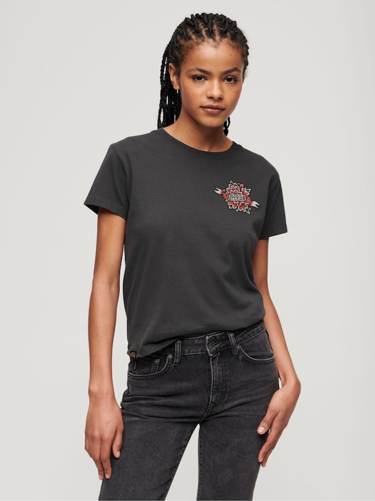 Superdry Grey Tattoo Rhinestone T-Shirt - Image 1 of 4 Superdry Grey Tattoo Rhinestone T-Shirt - Image 1 of 4