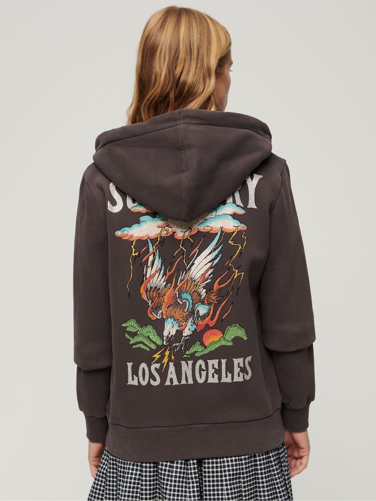Superdry Brown Tattoo Rhinestone Backprint Zip Hoodie - Image 2 of 7
