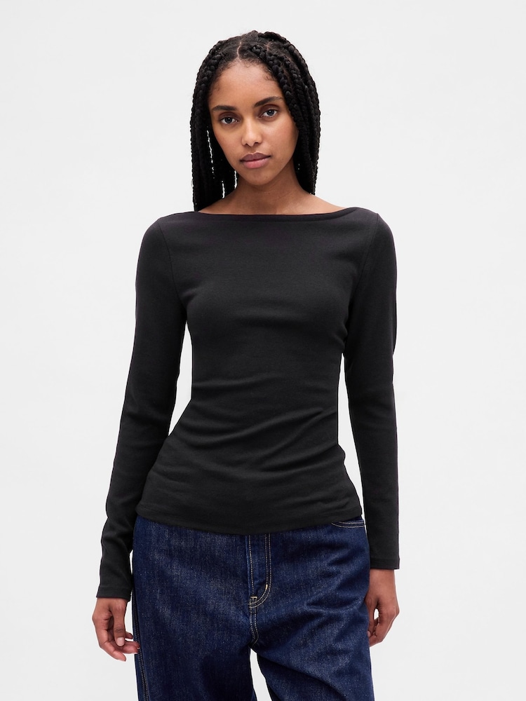 Gap Black Modern Boatneck Long Sleeve T-Shirt - Image 1 of 4 Gap Black Modern Boatneck Long Sleeve T-Shirt - Image 1 of 4