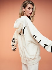 Ecru White Oversized Relaxed Fit Back Graphic Slogan Longline Hoodie - Image 1 of 6