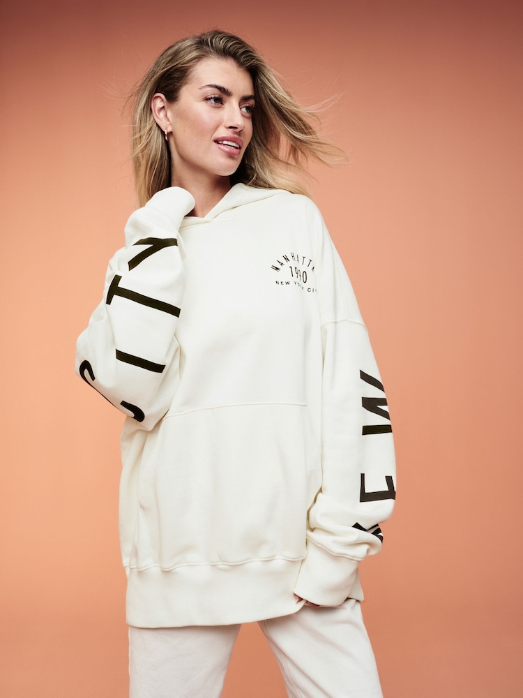 Ecru White Oversized Relaxed Fit Back Graphic Slogan Longline Hoodie - Image 2 of 6