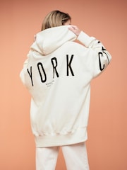 Ecru White Oversized Relaxed Fit Back Graphic Slogan Longline Hoodie - Image 3 of 6