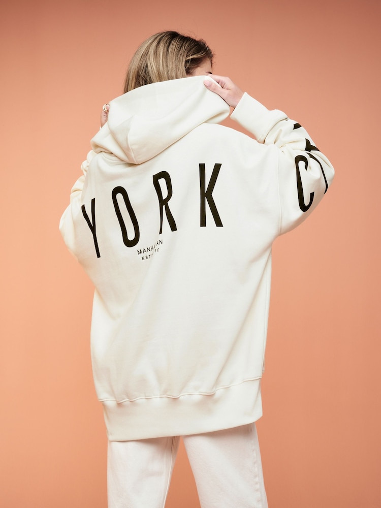Buy Ecru White Oversized Relaxed Fit Back Graphic Slogan Longline