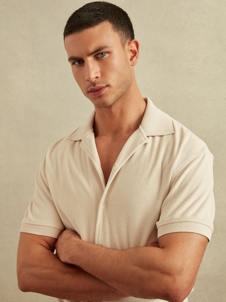 Reiss Off White Eden Towelling Cuban Collar Shirt - Image 1 of 6