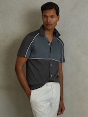 Reiss Blue Multi Gino Mercerised Cotton Colourblock Cuban Collar Shirt - Image 1 of 5