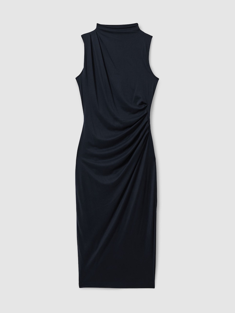 Reiss Navy Beaux Modal Blend Ruched Midi Dress - Image 2 of 6