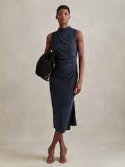 Reiss Navy Beaux Modal Blend Ruched Midi Dress - Image 3 of 6
