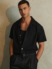 Reiss Black Paradise Cotton Crochet Cuban Collar Shirt - Image 1 of 5