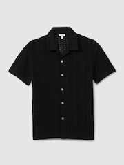 Reiss Black Paradise Cotton Crochet Cuban Collar Shirt - Image 2 of 5