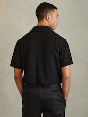 Reiss Black Paradise Cotton Crochet Cuban Collar Shirt - Image 4 of 5