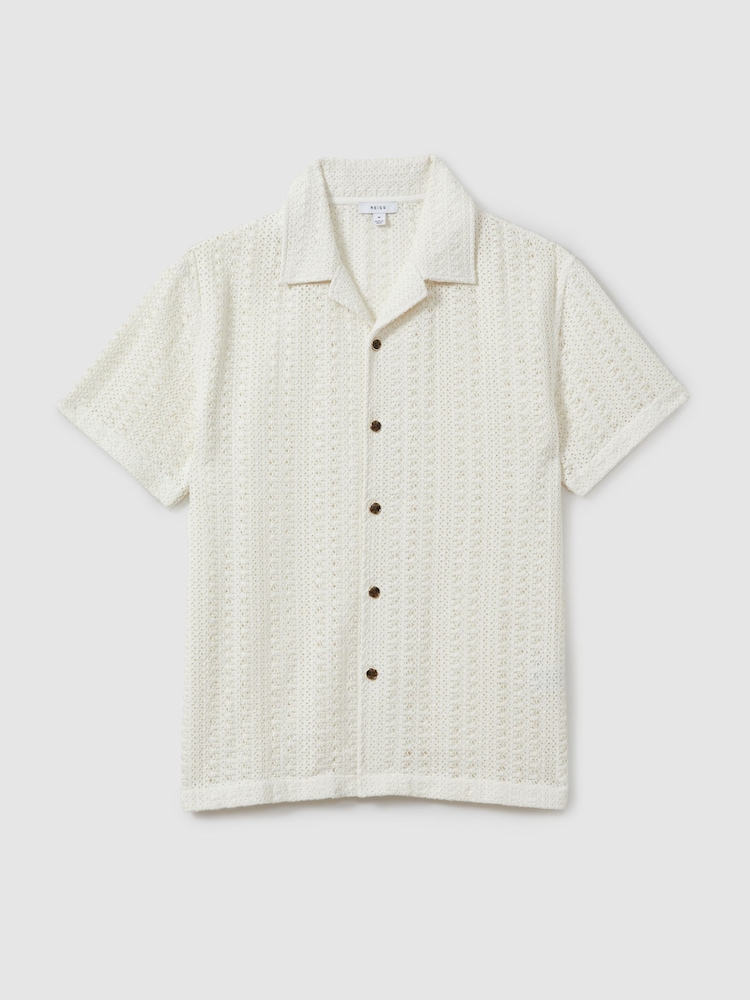 Reiss Ecru Paradise Cotton Crochet Cuban Collar Shirt - Image 2 of 5