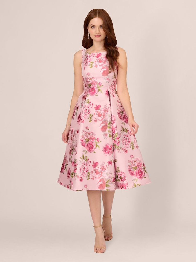 Adrianna Papell Pink Jacquard Flared Dress - Image 1 of 7