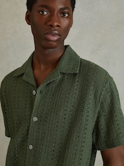 Reiss Olive Green Paradise Cotton Crochet Cuban Collar Shirt - Image 1 of 6