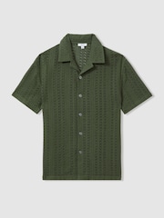 Reiss Olive Green Paradise Cotton Crochet Cuban Collar Shirt - Image 2 of 6